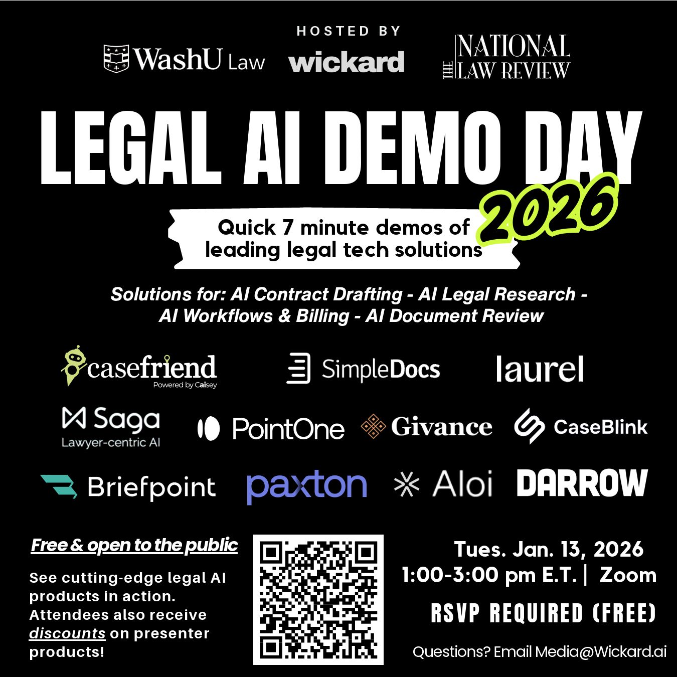 Legal AI Demo Day 2026 flyer featuring event details, logos of participating legal tech companies including Casefriend, and RSVP information for January 13, 2026 webinar.